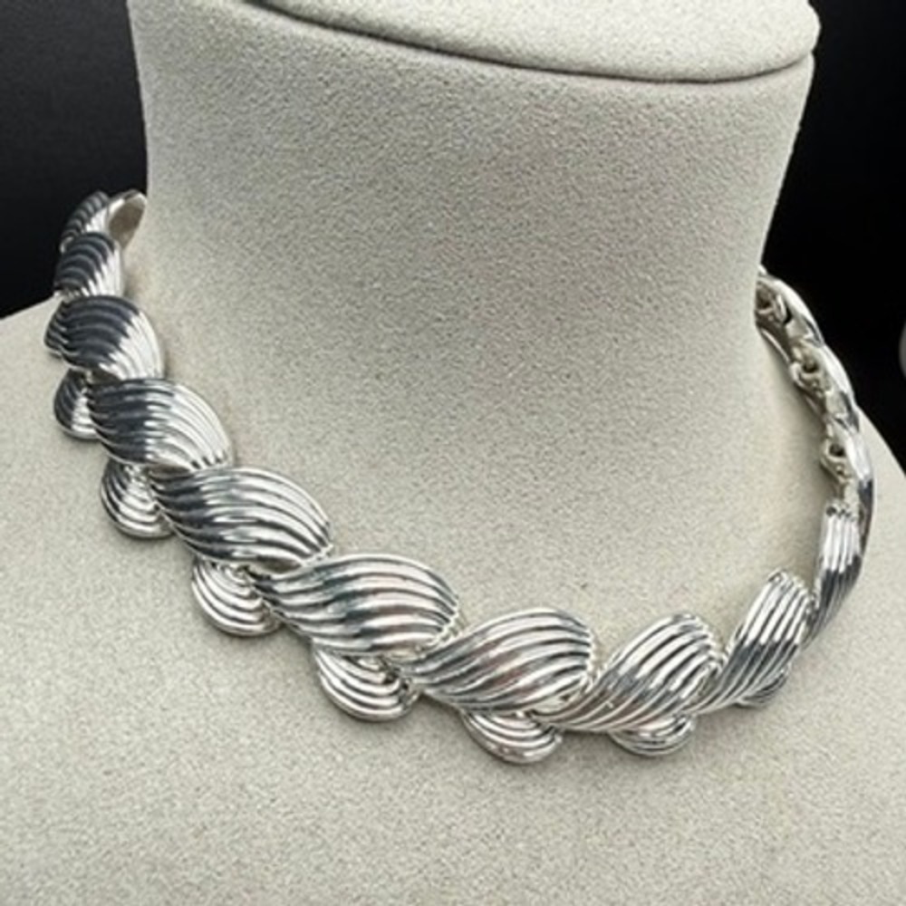 Vintage Napier Choker Necklace Silver Tone Ribbed Link Collar Modernist MCM 16"